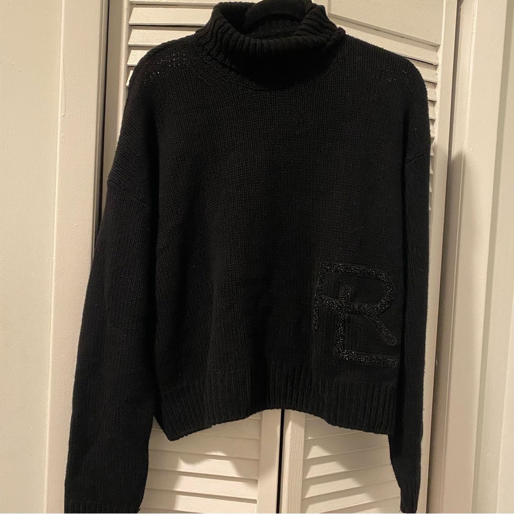 Ralph Lauren Purple Label Black Turtleneck Sweater with Embellished R